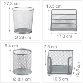 Relaxdays Schreibtisch Organizer Set Metall, Schreibtisch-Set, Ablage, Zettelbox, Stifteköcher, Mülleimer, silber