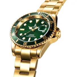 Alienwork Herren Damen Armbanduhr Quarz gold mit Edelstahl Metallarmband Kalender Datum grŸn elegant