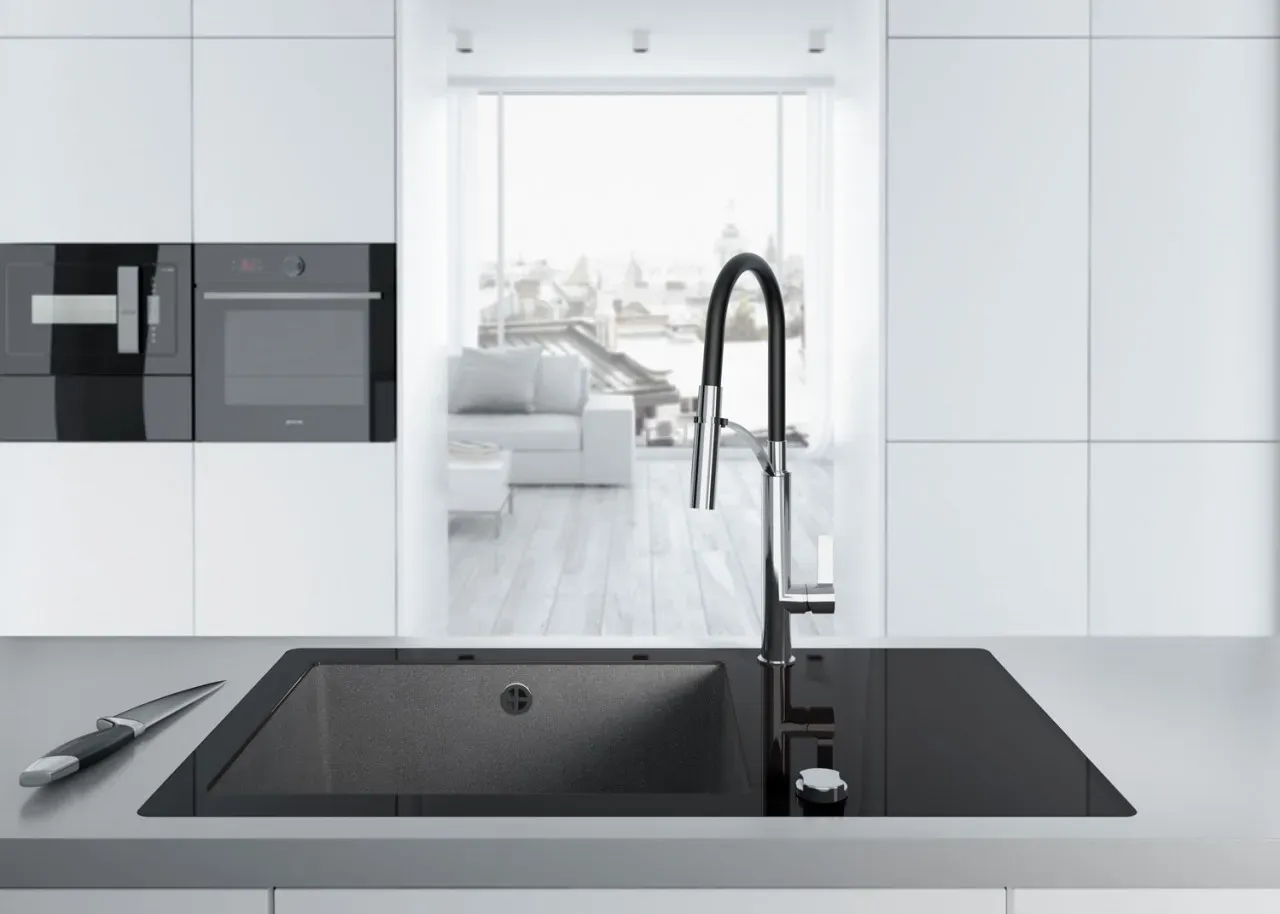 Neuesbad 8mm Glas-Granit-Spüle, 1 Schüssel mit Abtropffläche - Zerokante SPCP-SX2C