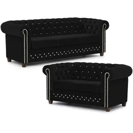 S-Style Chesterfield Polstergarnitur Samt 3-Sitzer + 2-Sitzer Schwarz