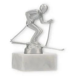 Pokal Metallfigur Ski Alpin silbermetallic auf weißem Marmorsockel 12,0cm