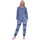 Normann Pyjama Damen Frottee Schlafanzug langarm mit Bündchen Hose gestreift blau 36/38