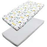 TupTam Baby Spannbettlaken Kinder Spannbetttuch für Babybett Kinderbett 2er Pack, Farbe: Autos/Tupfen Grau, Größe: 90 x 200 cm
