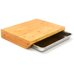 Bambus Schneidebrett - 49x37x8 cm mit Edelstahl Auffangschale - Holz Brett Natur