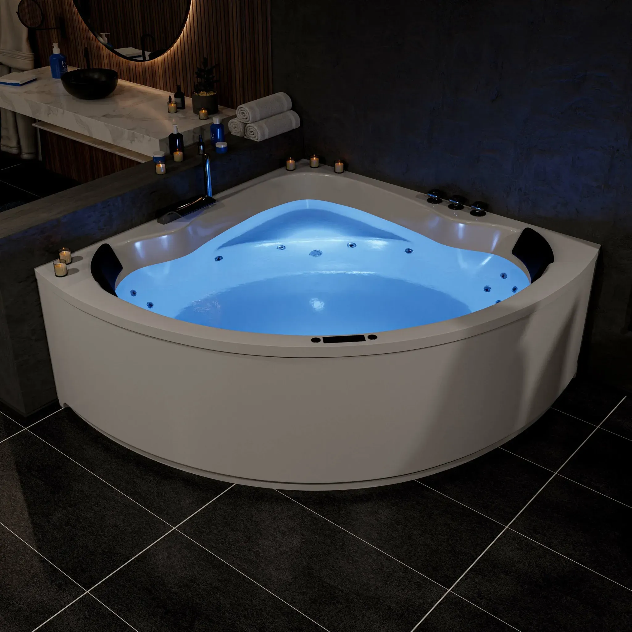 Eckbadewanne 150x150 mit Whirlpool Aquade K Classic Koblenz Standard Ab–Überlauf–Garnitur 10 x Mini-LED 2 x Nackenkissen