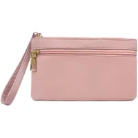 FuninCrea Geldbörse Damen Leder Münzbeutel, Portemonnaie Damen Gross 2 Reißverschluss-Taschen Geldbeutel Damen Große Kapazität Portmonee Damen Bauchtasche Damen Groß mit Handschlaufe (Rosa)