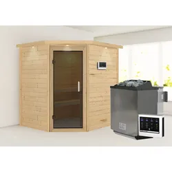 Sauna KARIBU "Mia (Fronteinstieg)", beige (naturbelassen), (ohne Ofen), Saunen, inklusive Ofenschutzgitter und Tür