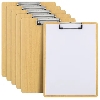 6er Klemmbrett A4 aus Hartholz, Schreibbrett mit Aufhängeose und Metalklemme, Schreibbrett Pad Halter Clipboard,Zwischenablage Schreibblock, Holzmaserung Abgerundete Ecken Zwischenablage