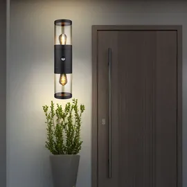 GLOBO Außenleuchte Wandlampe mit Bewegungsmelder Gartenleuchte Fassadenleuchte, Up Down Strahler, Edelstahl, schwarz rauch, 2x E27, DxH 10,2x42 cm, 2er