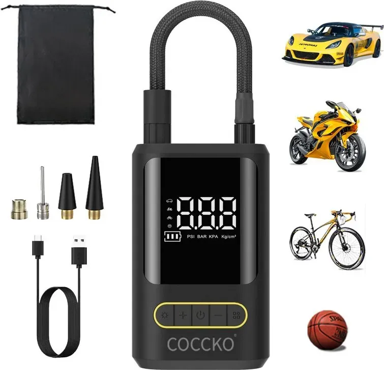 Airman 150-PSI Auto-Reifenpumpe, tragbarer Luftkompressor mit 5 Modi, LCD-Display, 4500-mAh-Akku, LED- und SOS-Lampe, USB-C wiederaufladbare Mini-Luftpumpe für Motorrad, Fahrrad, Ball (Schwarz-a)
