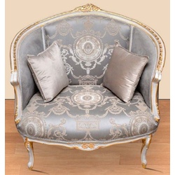 Casa Padrino Barock Sessel mit elegantem Muster Grau / Beige / Weiß / Gold - Barockstil Wohnzimmer Sessel - Antik Stil Sessel - Barockstil Wohnzimmer Möbel - Barock Möbel - Barock Einrichtung