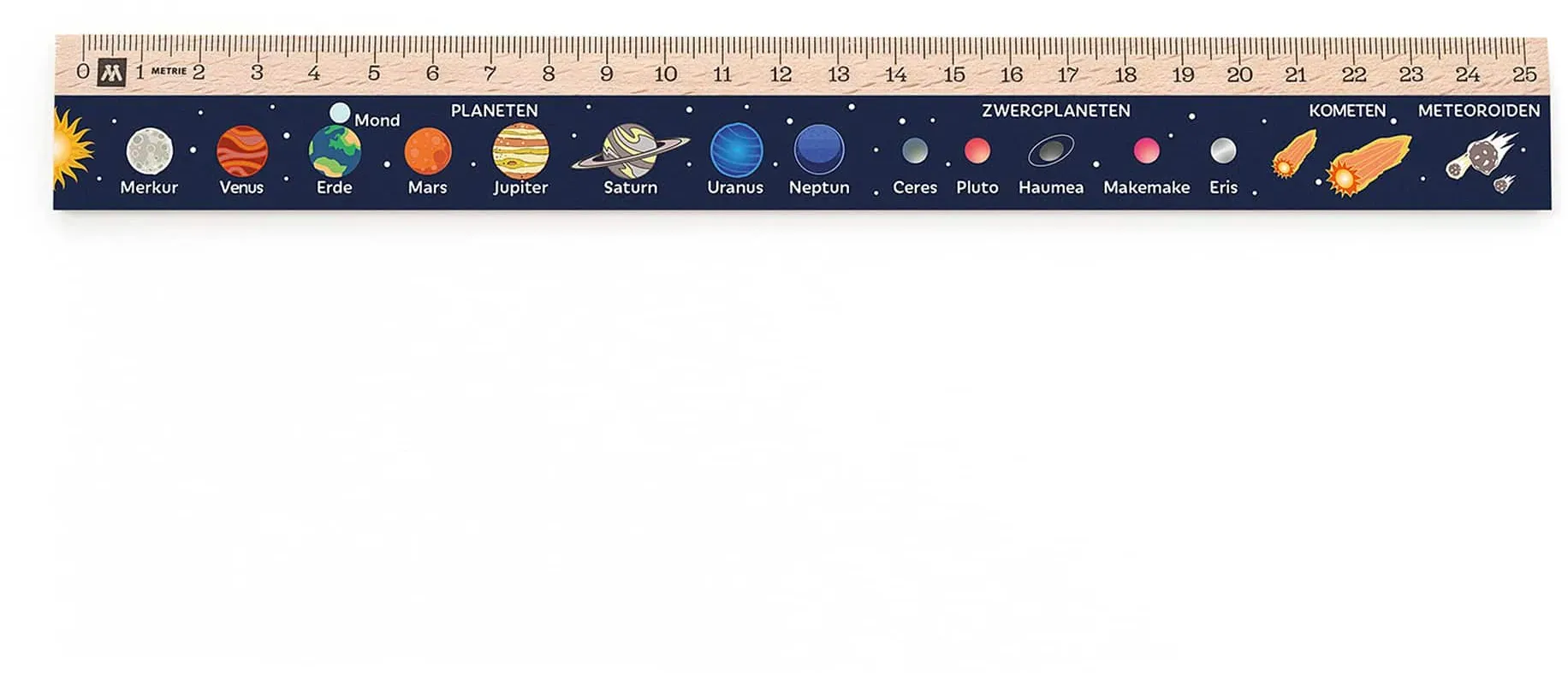 Metrie, Didakt-M07 Holzlineal, bedrucktes Sonnensystem, 25 cm