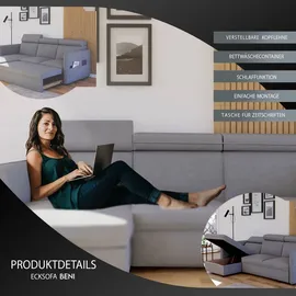 idohome Ecksofa mit Schlaffunktion und Bettkasten Hellgrau