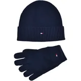 Tommy Hilfiger Strickmütze Mütze Handschuhe Set Beanie & Gloves Baumwolle Kaschmir Blau Gift Box