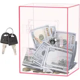 Spardose Acryl Transparente,Klare Durchsichtig Sparschwein mit Schloss und Schlüssel,Geldsparbox Abschließbar Spendenbox,Sparbüchse Groß Sparbox für Fundraising Abstimmung Sammlung,15x12x20cm (Rosa)