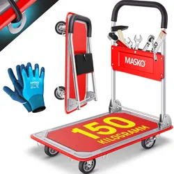 MASKO® Plattformwagen Transportwagen Lagerwagen Klappbar Inkl. Arbeitshandschuhe   Feststellbremse Transporthilfe   Mit 6 Sicherungsösen   360° Lenkrollen   Paketwagen Klappwagen