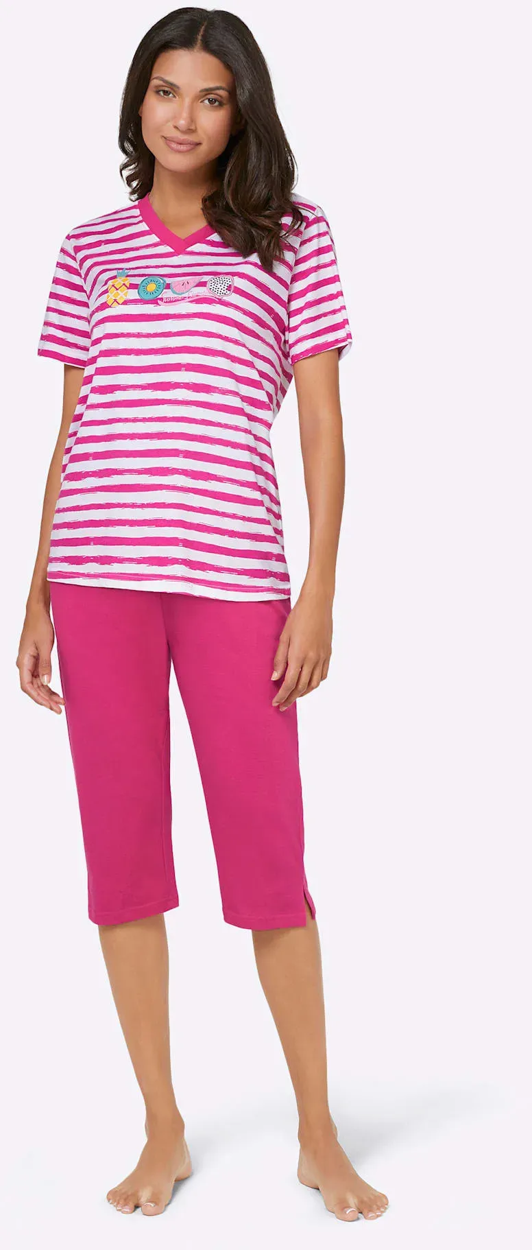 Schlafanzug COMTESSA, Damen, Gr. 44/46, pink (fuchsia, fuchsia, geringelt), 100% Baumwolle, Homewear-Sets Schlafanzug