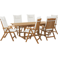 Beliani Beliani, Gartentisch + Balkontisch, Gartenmöbel Set Akazienholz 6-Sitzer Auflagen cremeweiß JAVA (90 cm)