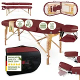 Zen Oval Massageliege klappbar, mobil - stabile Massagetisch, Kosmetikliege, Tattoo Liege aus Holz, Massagebank Behandlungsliege inkl. Tasche, Armlehne, Alu-Kopfstütze für Physiotherapie Weinrot