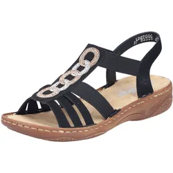 Sandale RIEKER, Damen, Gr. 38, schwarz, Lederimitat, kontrastfarbene Details, klassisch, Schuhe, Riemchensandale, Sommerschuh, Urlaubschuh mit seitlichen Gummizügen