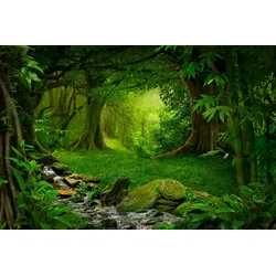 Fototapete PAPERMOON "TROPISCHER WALD-BAUM DSCHUNGEL SONNE WEG PALMEN BACH", bunt, B:3,50m L:2,60m, Vlies, Tapeten