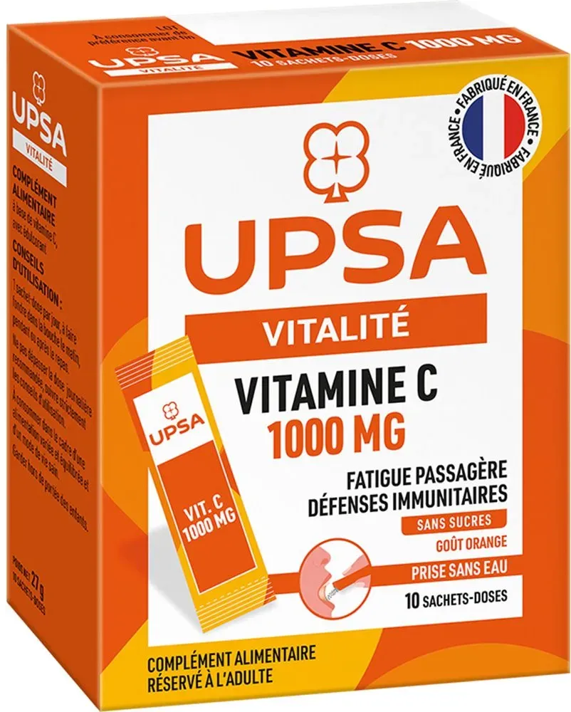 Vitamine C UPSA 1000 mg - 10 sticks - Adultes - Complément alimentaire sans sucres, goût orange - Fatigue passagère et défenses immunitaires 30 g poudre