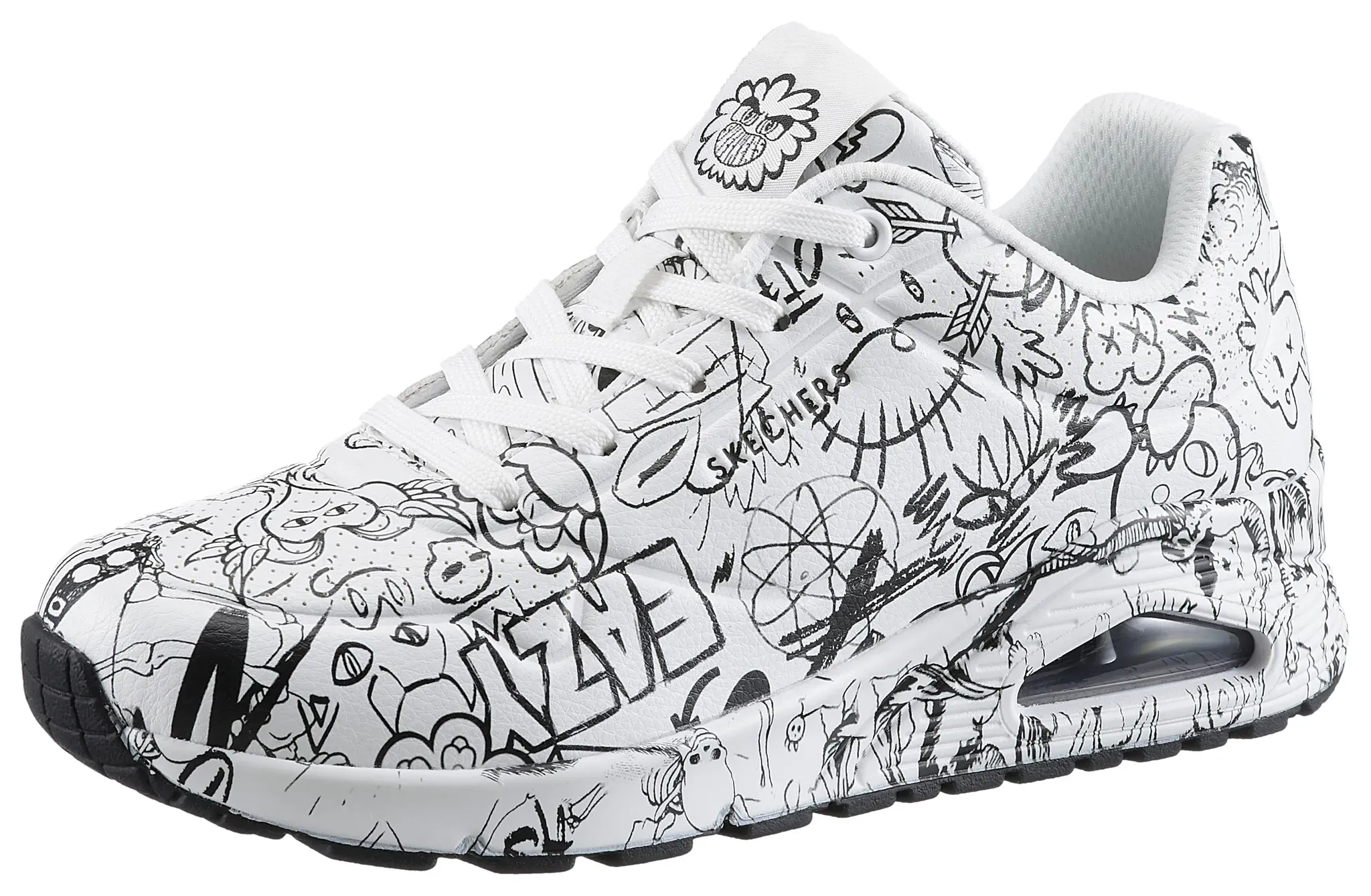 Sneaker SKECHERS "UNO-PROCESS SKETCH" Gr. 36, schwarz-weiß (weiß-schwarz) Damen Schuhe mit coolem Sketchprint, Freizeitschuh, Halbschuh, Schnürschuh