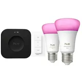 Philips Hue Smart-LED-Lampe Set mit Dimmcontroller, Steuerzentrale  (E27, Dimmbar, RGBW, 2 Stk.)