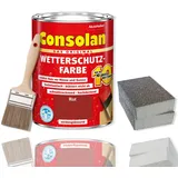 Consolan Wetterschutzfarbe Set 2,5 l Holzfarbe Dauerschutz Deckend mit Zubehör (Rot)