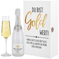 Herz & Heim® Du bist Gold wert Geschenk-Set mit Brut Dargent Chardonay ICE Demi Sec 0,75l inkl. Sektglas mit Gravur