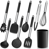 Herogo Küchenhelfer Set, 9 Stück Silikon Kochutensilien Kochbesteck Set mit Utensilienhalter, Schwarz Küchenutensilien Pfannenwender Set mit Edelstahlgriff, Hitzebeständiger & Antihaft