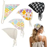 Quilax 4 Stück Stricken Dreieck Kopftuch Damen, Boho Kopftuch Damen, Elastische Kopftücher, Chiffon Blumen Stirnband, für Frauen Mädchen Haar Accessoire
