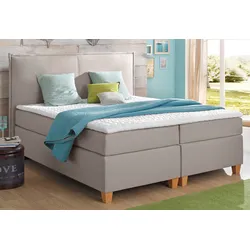 Boxspringbett HOME AFFAIRE "Houssay", beige, B:152cm L:205cm, Struktur fein (100% Polyester), Komplettbetten, Boxspringbett, inkl. Topper, 5 Breiten, 2 Härtegraden auch in Überlänge 220 cm