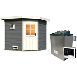 Saunahaus KARIBU "Tore", grau (terragrau), Saunaofen, externe Steuerung, 9 kW, Saunen, klassiche Tür, Ofen 9 KW externe Strg Easy