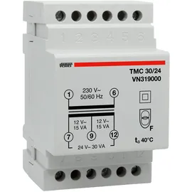 Vemer VN319000 TMC 30/24 - Transformator für Hutschienen mit Primärspannung 230V, Trafo mit Sekundärspannung 12-24V und Leistung 30VA, Weiß