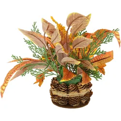 Kunstblume I.GE.A. "Herbstgesteck Chrysanthemen", gelb, B:20cm H:24cm L:16cm, Polyester, Kunstpflanzen, Im Zapfentopf mit Physalis, Eule, Herbstlaub