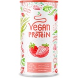 Alpha Foods Vegan Protein - ERDBEERE - Pflanzliches Proteinpulver aus gesprossten Reis, Erbsen, Chia-Samen, Leinsamen, Amaranth, Sonnenblumen- und Kürbiskernen - 600 Gramm Pulver