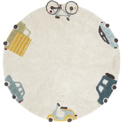 Lorena Canals - Wheels Teppich, Ø 140 cm, natur / blau