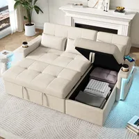 Merax Sofa Ecksofa mit Schlaffunktion, Schlafsofa mit Bettkasten und Verstellbarer Rückenlehne, Praktisches Eckcouch L-Form mit Stauraum, LED-Beleuchtung, USB-Steckdose und 2 Getränkehalter, Beige