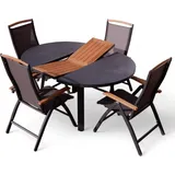 ALEOS. Gartengarnitur Gartenset Aluminium TEAK Set mit rundem Ausziehtisch 120cm auf 160cm ausziehbar + 4 Hochlehner anthrazit Trinidad