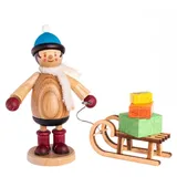 Kuhnert Drechslerei Dekofigur/Dekomännchen aus Holz - Mäxchen mit Geschenkeschlitten - Höhe: ca. 12 cm - Made in Germany