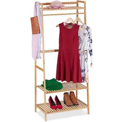 Relaxdays Kleiderständer Bambus, HBT: 164x78x42 cm, Kleiderstange mit 3 Ablagen, 2 Haken, Garderobe freistehend, natur