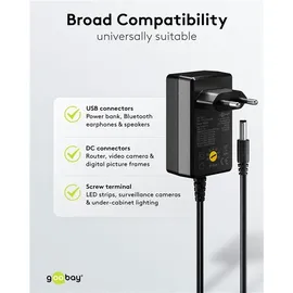 goobay Universal-Netzteil 3 V - 12 V, max. 27 W / DC Wechseladapter / Ersatznetzteil für TV, PC, Router, LED Streifen / Variable Spannung / USB und Schraubklemmenanschluss.