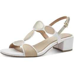 Sandalette MARCO TOZZI, Damen, Gr. 38, weiß (weiß kombiniert), Lederimitat, Textil, kontrastfarbene Details, glänzend, elegant, Schuhe, Blockabsatz, Riemchensandale, Abendschuh mit Feel Me-Ausstattung