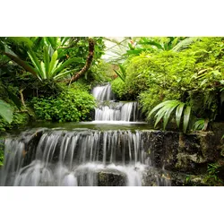 Fototapete PAPERMOON "WASSERFALL-BÄUME FLUSS SEE STEINE BLUMEN BERGE SONNE", bunt, B:2,50m L:1,86m, Vlies, Tapeten