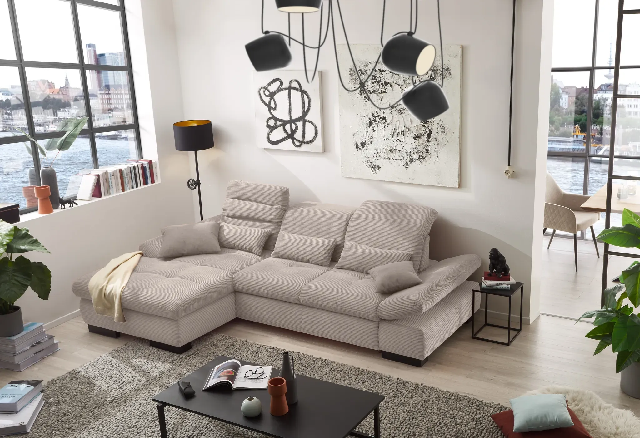 Ecksofa SET ONE BY MUSTERRING "SO4100 V" Sofas Gr. B/H/T: 284cm x 80cm x 190cm, Breitcord, Recamiere links, mit Kopfteilverstellung-mit Schwenkrücken-mit Armteilverstellung-mit Bettfunktion-mit Bettkasten-Federkern-Federkern-Federkern-Wellenunterfederung, grau (taupe) mit verstellbaren Kopfteilen, wahlweise Funktionen, Cord-Bezug