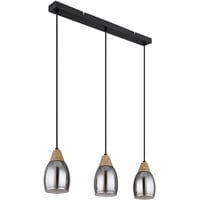 GLOBO Pendelleuchte Glas Hängeleuchte Glas Lampe Rauchglas, 3 flammig Holz natur Rauchglas Metall schwarz, 3x E27 Fassungen, LxBxH 55x10x120cm