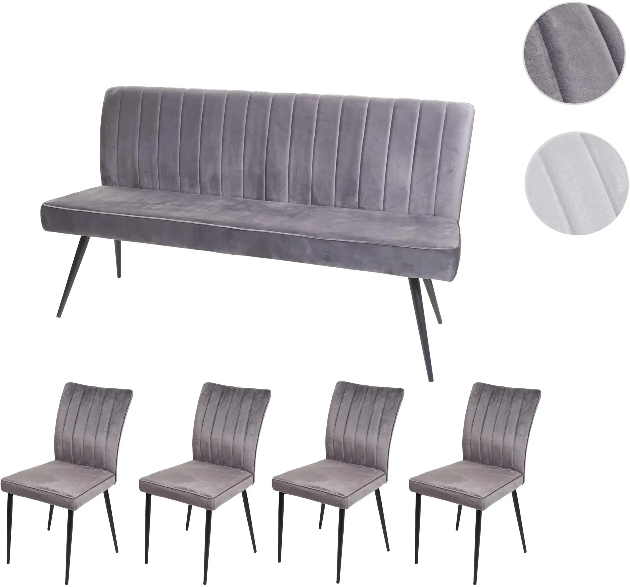 Esszimmer-Set HWC-K16, 4er-Set Stuhl+Sitzbank Esszimmergruppe Sitzgruppe Esszimmergarnitur, Samt Metall ~ dunkelgrau