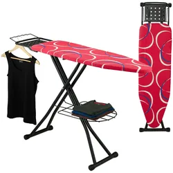 Relaxdays Bügelbrett für Dampfbügeleisen, 110 x 33 cm, höhenverstellbar, klappbar, Kleiderablagen, Bügeltisch, rot