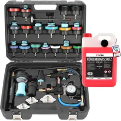 TECPO Kühlsystem Abdrückgerät + TECPO Kühlerfrostschutz Rot, 5 Liter